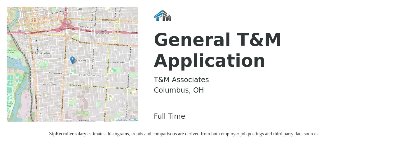 T&M Associates job posting for a General T&M Application in Columbus, OH with a salary of $65,700 to $96,600 Yearly with a map of Columbus location.