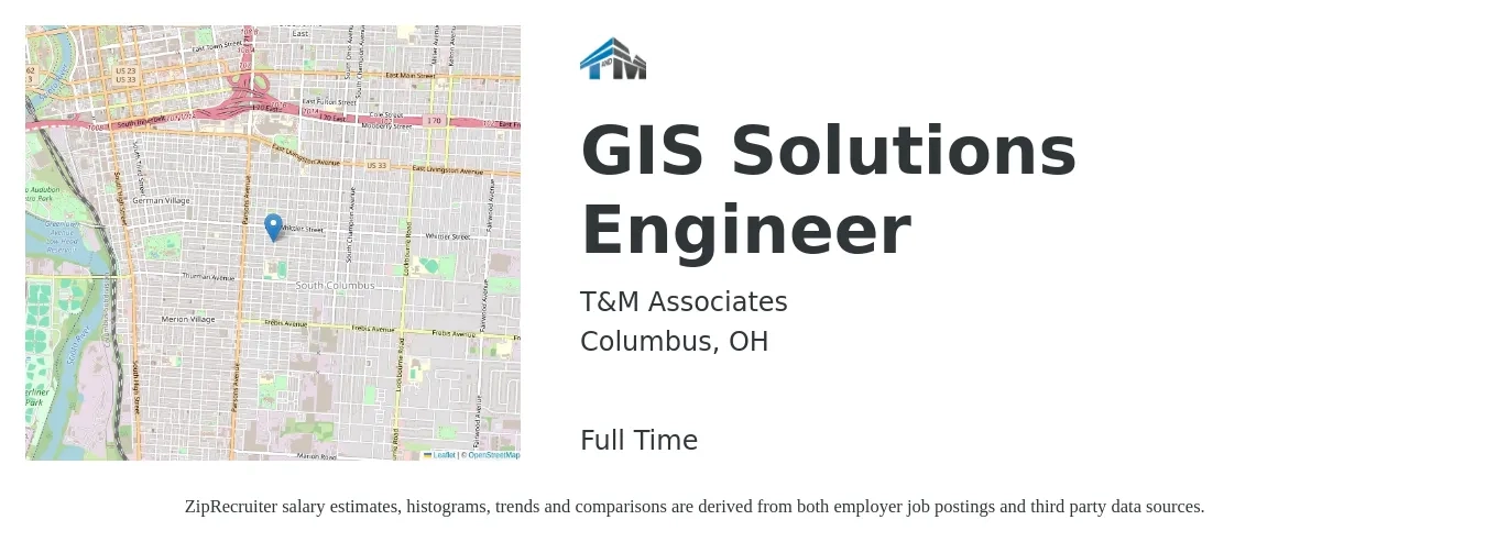 T&M Associates job posting for a GIS Solutions Engineer in Columbus, OH with a salary of $70,000 to $111,600 Yearly with a map of Columbus location.