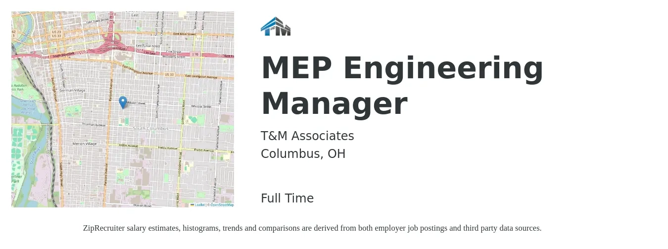 T&M Associates job posting for a MEP Engineering Manager in Columbus, OH with a salary of $100,500 to $138,600 Yearly with a map of Columbus location.