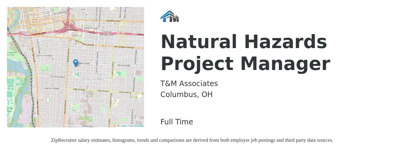 T&M Associates job posting for a Natural Hazards Project Manager in Columbus, OH with a salary of $33 to $54 Hourly with a map of Columbus location.
