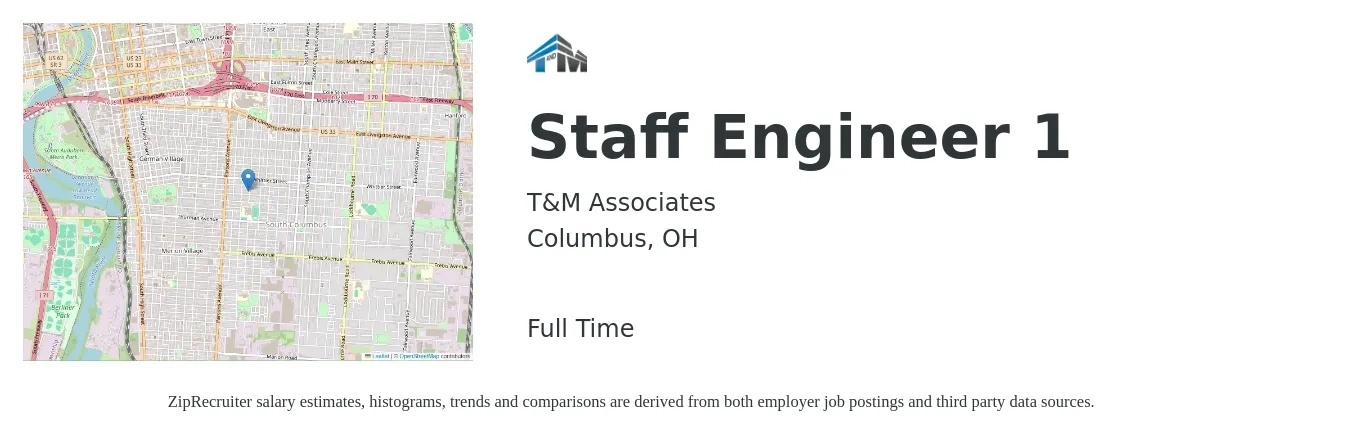 T&M Associates job posting for a Staff Engineer 1 in Columbus, OH with a salary of $66,600 to $120,700 Yearly with a map of Columbus location.