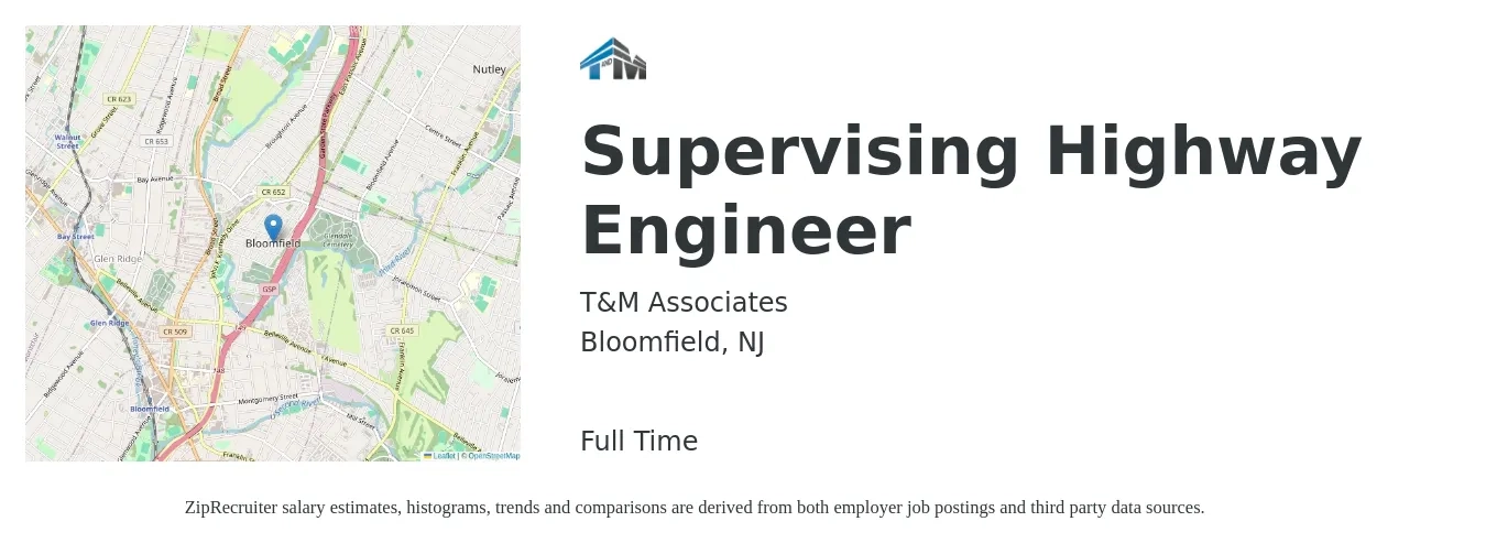 T&M Associates job posting for a Supervising Highway Engineer in Bloomfield, NJ with a salary of $82,400 to $116,200 Yearly with a map of Bloomfield location.