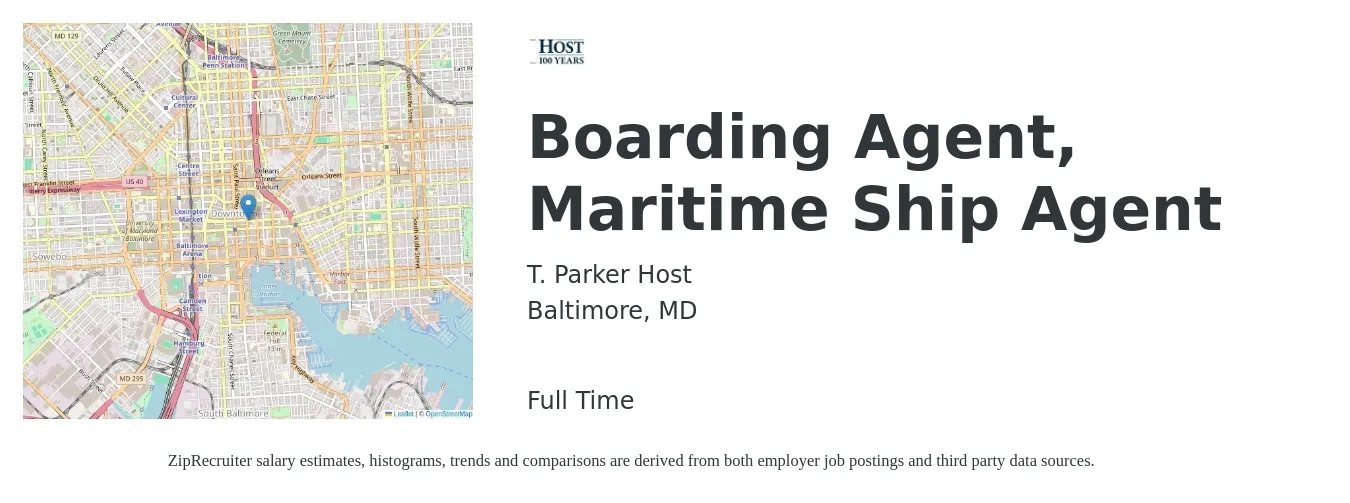 T. Parker Host job posting for a Boarding Agent, Maritime Ship Agent in Baltimore, MD with a map of Baltimore location.