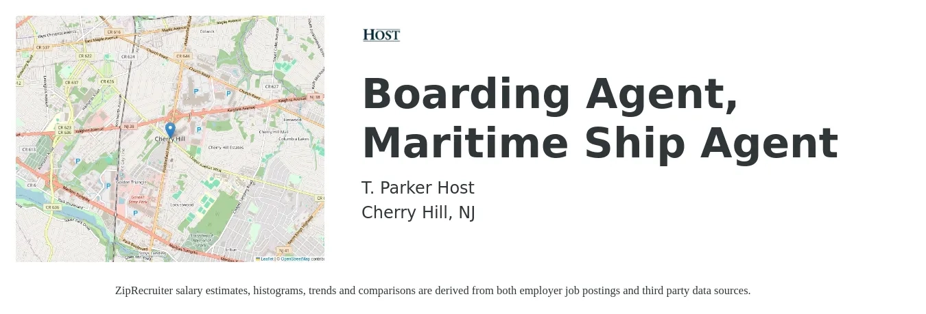 T. Parker Host job posting for a Boarding Agent, Maritime Ship Agent in Cherry Hill, NJ with a map of Cherry Hill location.