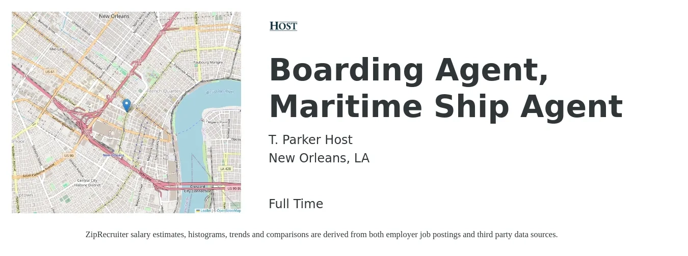 T. Parker Host job posting for a Boarding Agent, Maritime Ship Agent in New Orleans, LA with a map of New Orleans location.
