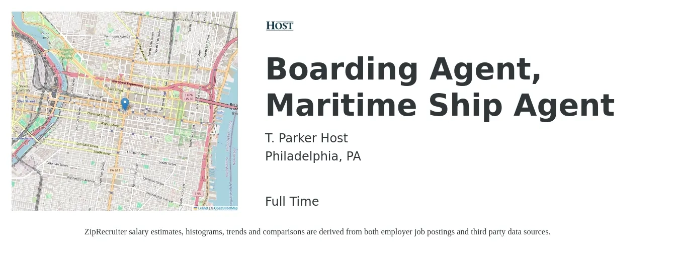 T. Parker Host job posting for a Boarding Agent, Maritime Ship Agent in Philadelphia, PA with a map of Philadelphia location.