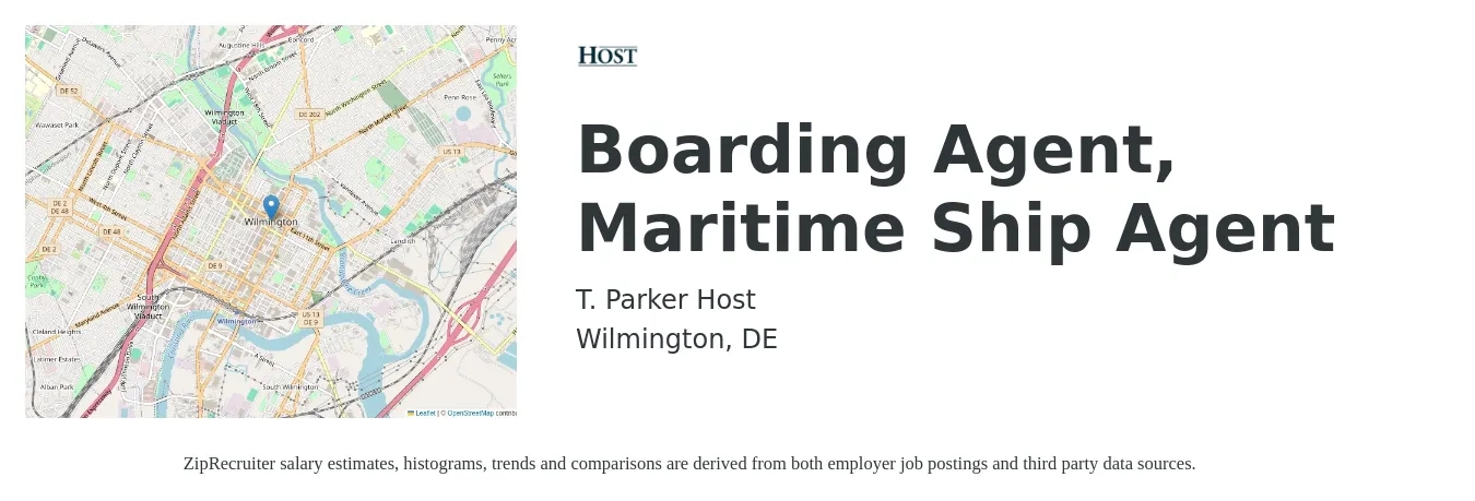 T. Parker Host job posting for a Boarding Agent, Maritime Ship Agent in Wilmington, DE with a map of Wilmington location.