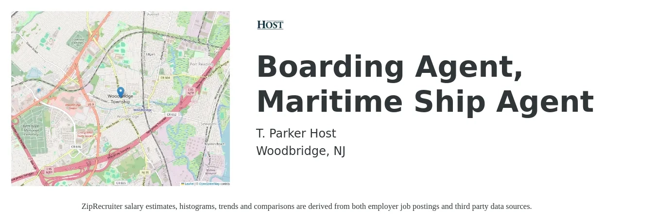 T. Parker Host job posting for a Boarding Agent, Maritime Ship Agent in Woodbridge, NJ with a map of Woodbridge location.