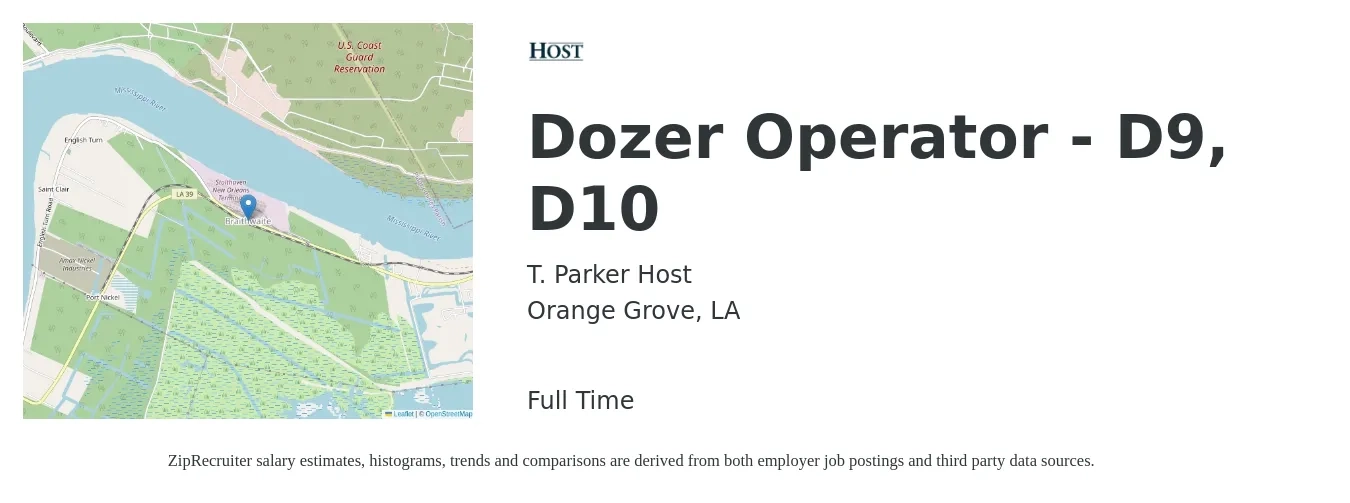 T. Parker Host job posting for a Dozer Operator - D9, D10 in Orange Grove, LA with a salary of $22 to $30 Hourly with a map of Orange Grove location.