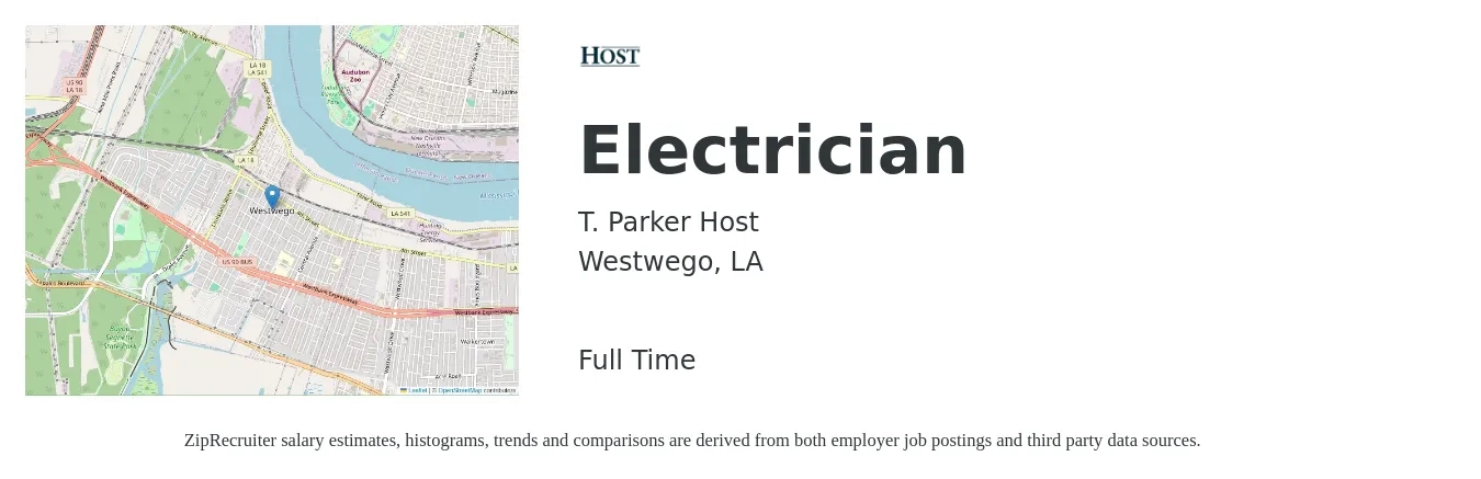 T. Parker Host job posting for a Electrician in Westwego, LA with a salary of $23 to $32 Hourly with a map of Westwego location.