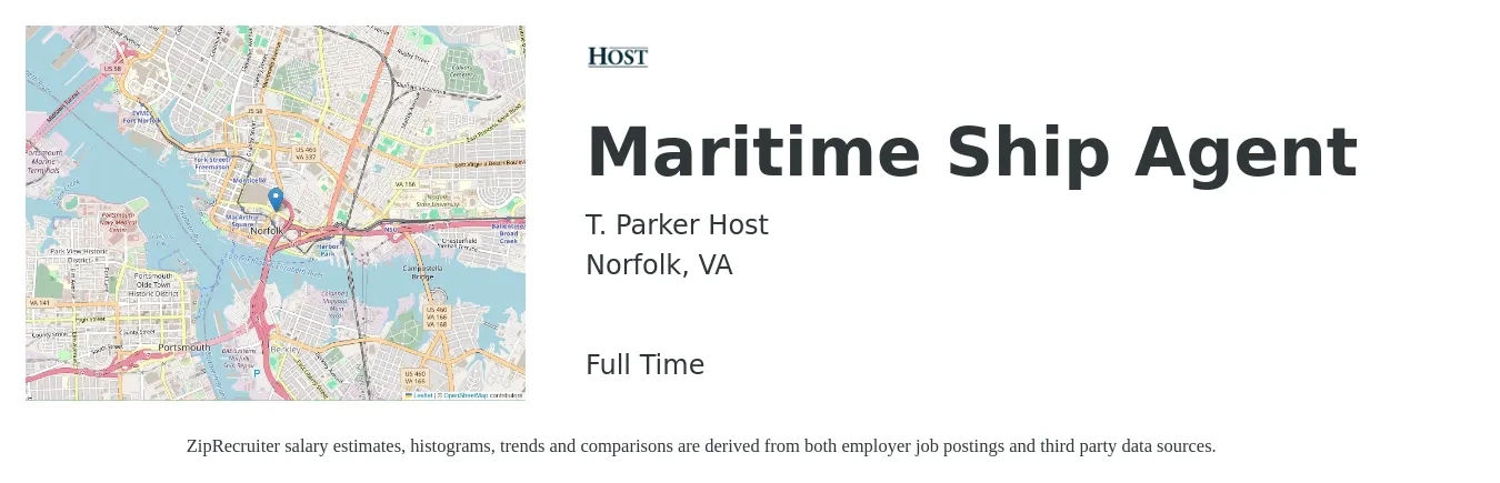 T. Parker Host job posting for a Maritime Ship Agent in Norfolk, VA with a salary of $18 to $27 Hourly with a map of Norfolk location.
