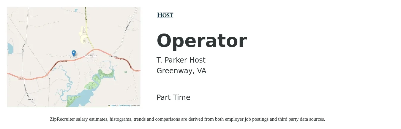 T. Parker Host job posting for a Operator in Greenway, VA with a salary of $18 to $23 Hourly with a map of Greenway location.