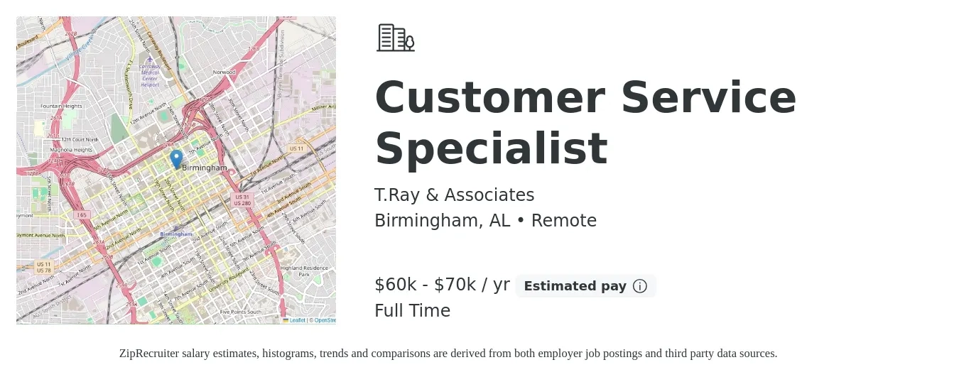T.Ray & Associates job posting for a Customer Service Specialist in Birmingham, AL with a salary of $16 to $21 Hourly with a map of Birmingham location.
