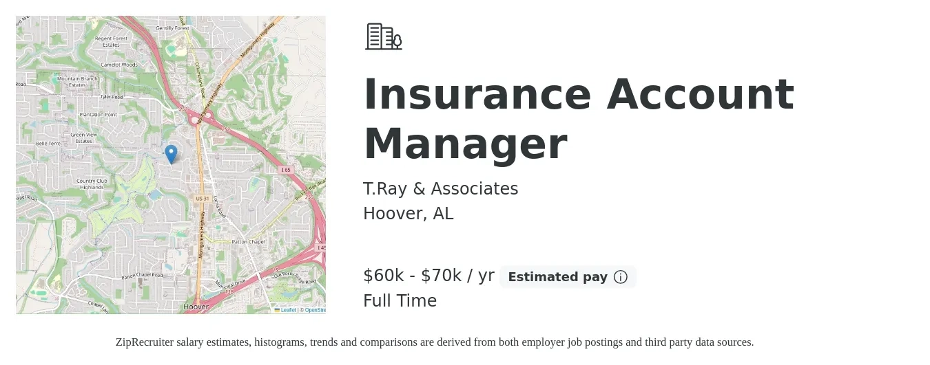 T.Ray & Associates job posting for a Insurance Account Manager in Hoover, AL with a salary of $50,000 to $60,000 Yearly with a map of Hoover location.