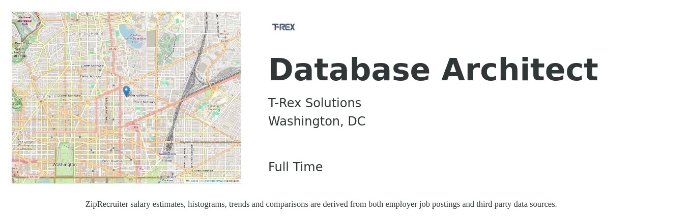 T-Rex Solutions job posting for a Database Architect in Washington, DC with a salary of $72 to $93 Hourly with a map of Washington location.