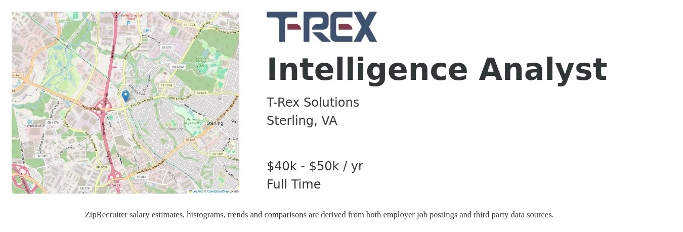 T-Rex Solutions job posting for a Intelligence Analyst in Sterling, VA with a salary of $40,000 to $50,000 Yearly with a map of Sterling location.