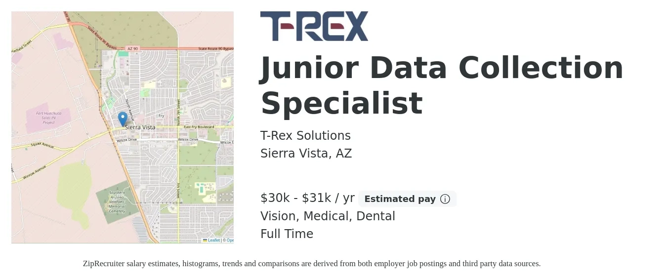 T-Rex Solutions job posting for a Junior Data Collection Specialist in Sierra Vista, AZ with a salary of $30,000 to $31,000 Yearly and benefits including vision, dental, life_insurance, medical, pto, and retirement with a map of Sierra Vista location.