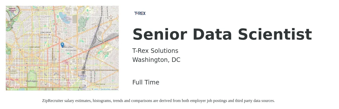 T-Rex Solutions job posting for a Senior Data Scientist in Washington, DC with a salary of $134,200 to $188,600 Yearly with a map of Washington location.