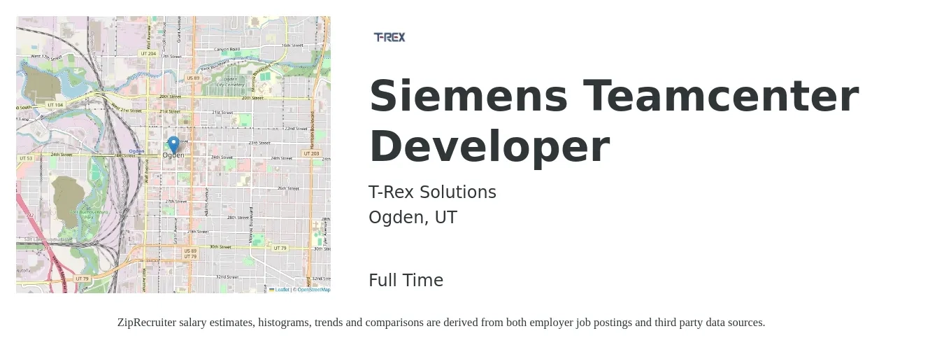 T-Rex Solutions job posting for a Siemens Teamcenter Developer in Ogden, UT with a salary of $44 to $68 Hourly with a map of Ogden location.