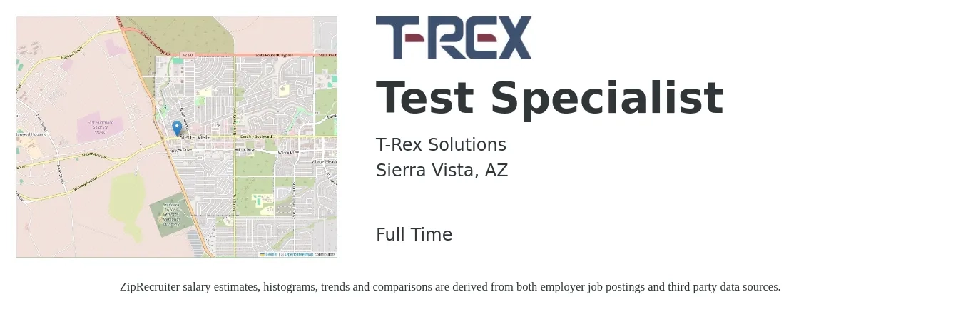 T-Rex Solutions job posting for a Test Specialist in Sierra Vista, AZ with a salary of $17 to $43 Hourly with a map of Sierra Vista location.