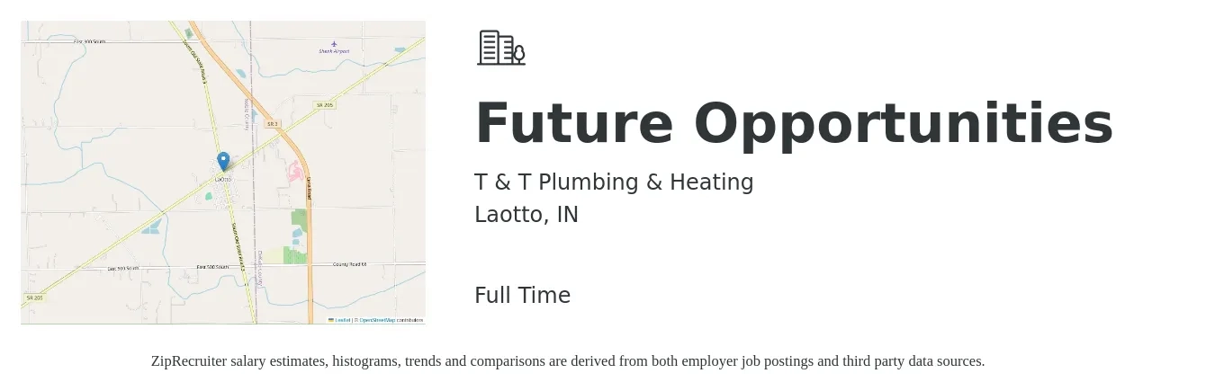 T & T Plumbing & Heating job posting for a Future Opportunities in Laotto, IN with a map of Laotto location.
