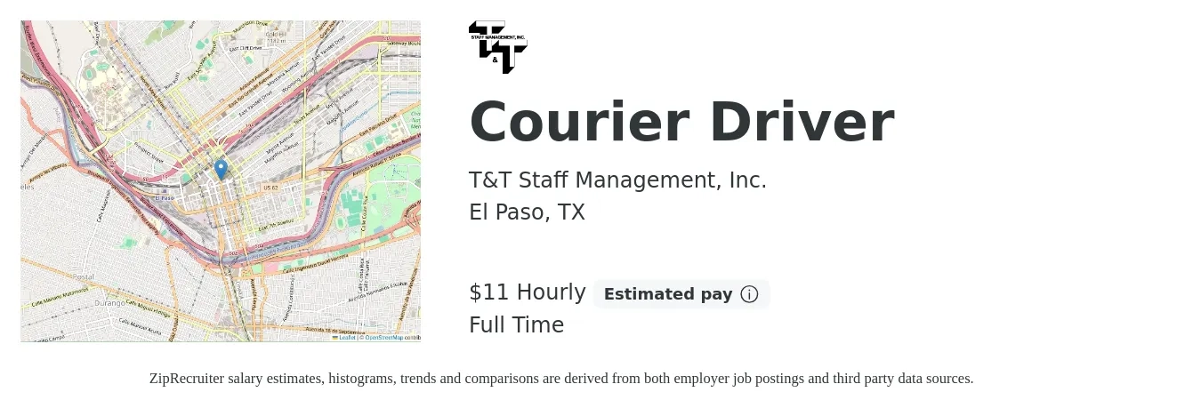 T&T Staff Management, Inc. job posting for a Courier Driver in El Paso, TX with a salary of $12 Hourly with a map of El Paso location.