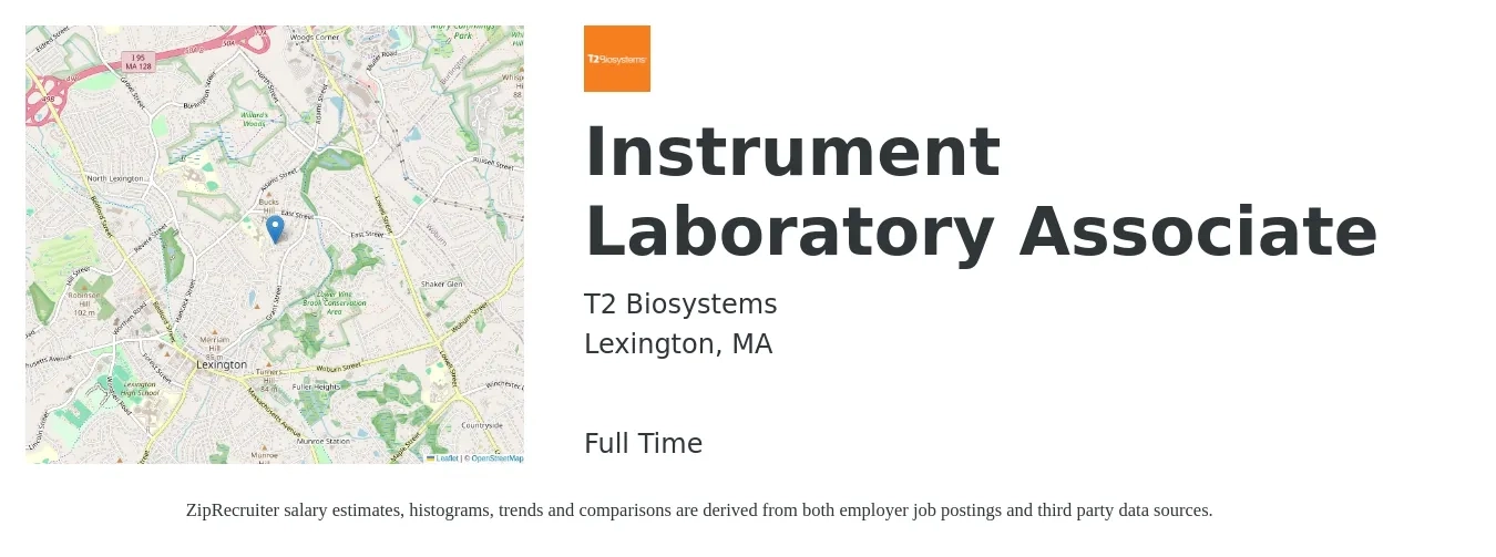 T2 Biosystems job posting for a Instrument Laboratory Associate in Lexington, MA with a salary of $20 to $29 Hourly with a map of Lexington location.