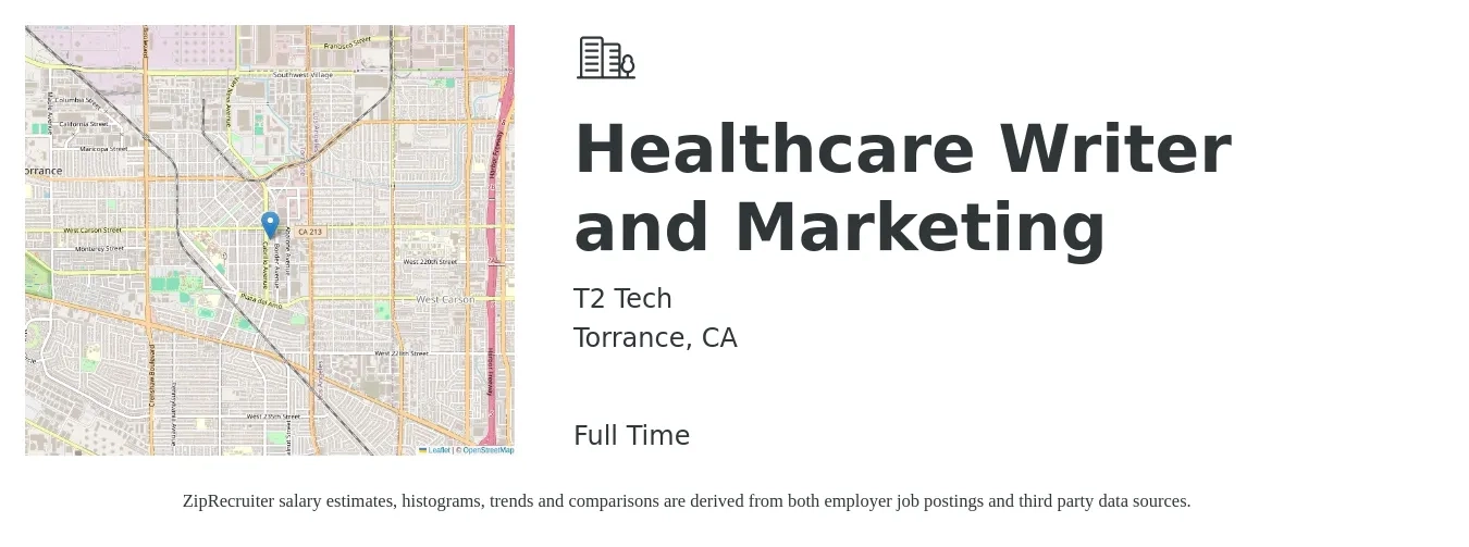 T2 Tech job posting for a Healthcare Writer and Marketing in Torrance, CA with a salary of $31 to $47 Hourly with a map of Torrance location.