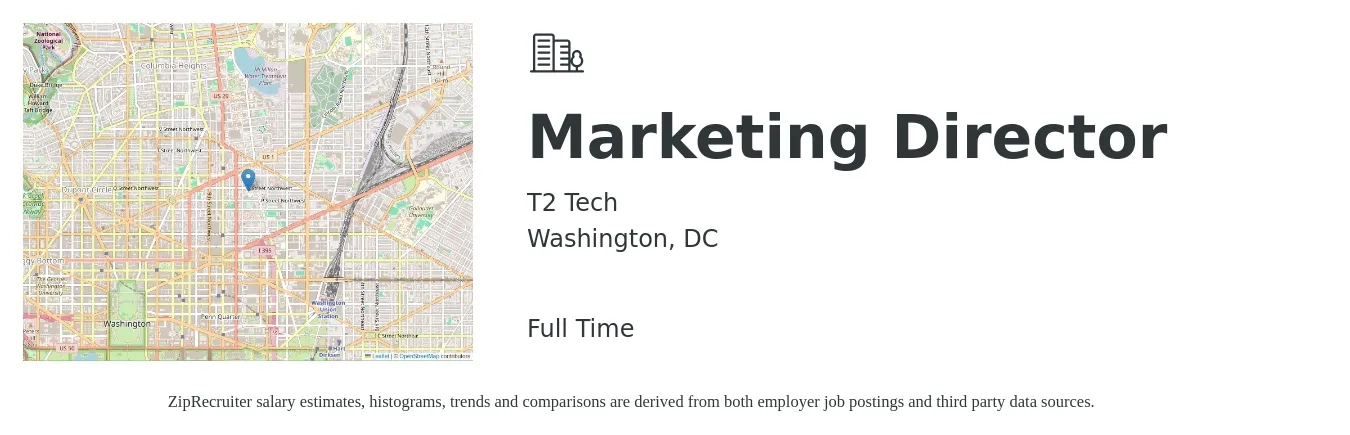 T2 Tech job posting for a Marketing Director in Washington, DC with a salary of $81,000 to $148,900 Yearly with a map of Washington location.