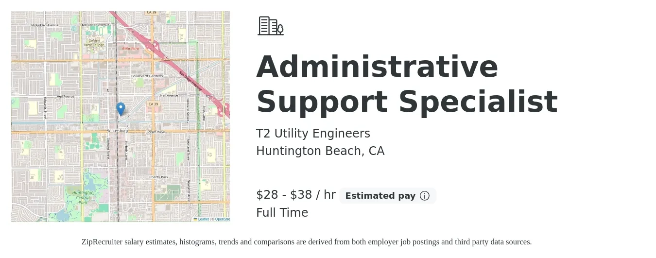 T2 Utility Engineers job posting for a Administrative Support Specialist in Huntington Beach, CA with a salary of $30 to $40 Hourly with a map of Huntington Beach location.