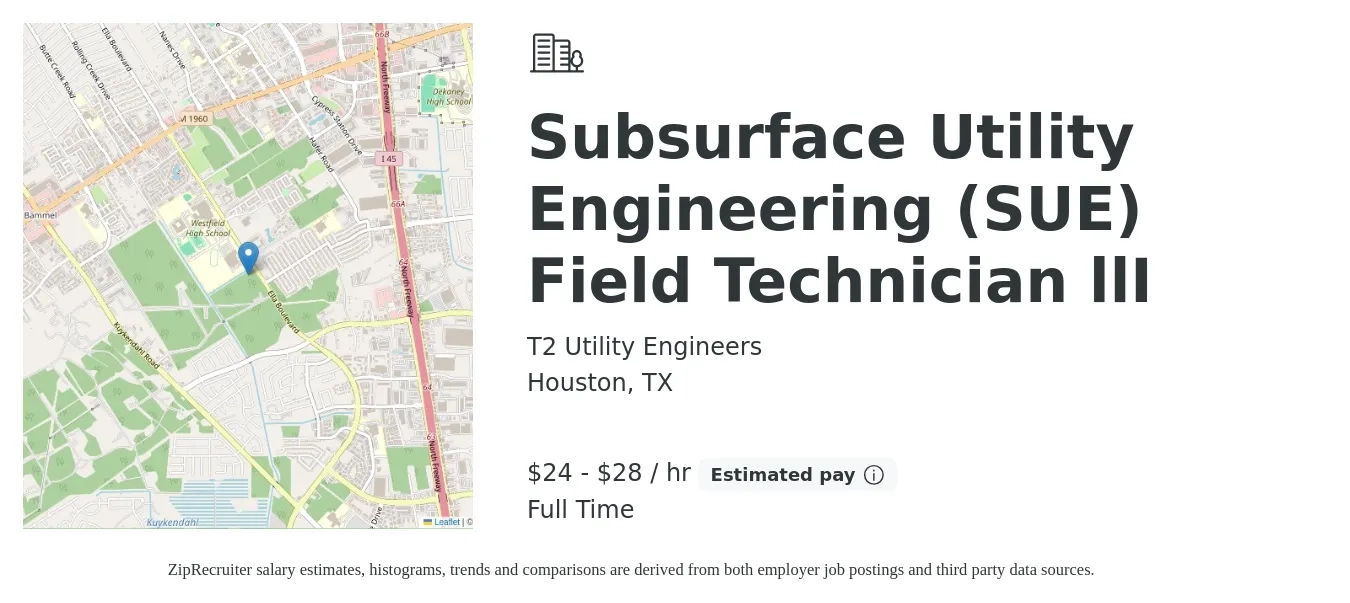 T2 Utility Engineers job posting for a Subsurface Utility Engineering (SUE) Field Technician llI in Houston, TX with a salary of $25 to $30 Hourly with a map of Houston location.