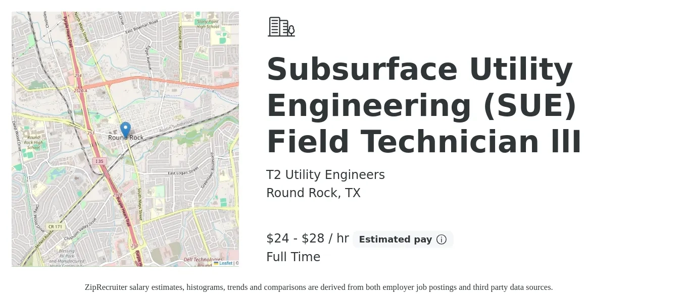 T2 Utility Engineers job posting for a Subsurface Utility Engineering (SUE) Field Technician llI in Round Rock, TX with a salary of $25 to $30 Hourly with a map of Round Rock location.