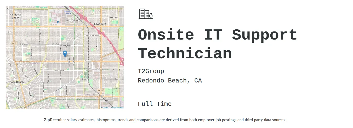 T2Group job posting for a Onsite IT Support Technician in Redondo Beach, CA with a salary of $23 to $31 Hourly with a map of Redondo Beach location.