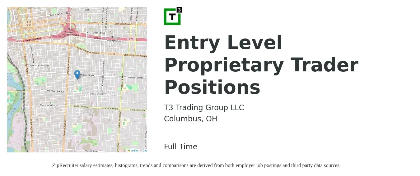 T3 Trading Group LLC job posting for a Entry Level Proprietary Trader Positions in Columbus, OH with a salary of $54,600 to $101,900 Yearly with a map of Columbus location.