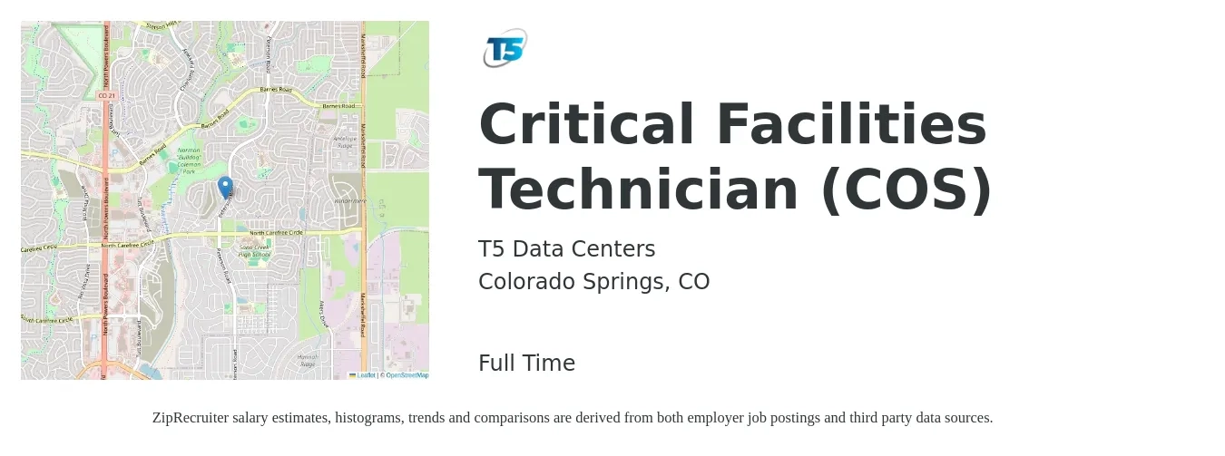T5 Data Centers job posting for a Critical Facilities Technician (COS) in Colorado Springs, CO with a salary of $19 to $27 Hourly with a map of Colorado Springs location.