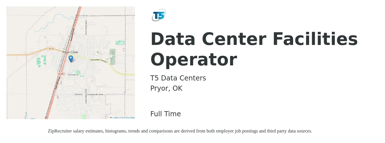 T5 Data Centers job posting for a Data Center Facilities Operator in Pryor, OK with a salary of $18 to $26 Hourly with a map of Pryor location.