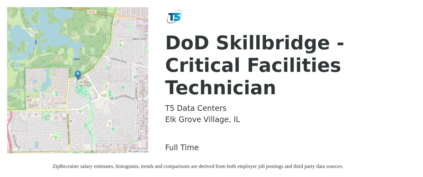 T5 Data Centers job posting for a DoD Skillbridge - Critical Facilities Technician in Elk Grove Village, IL with a salary of $19 to $27 Hourly with a map of Elk Grove Village location.