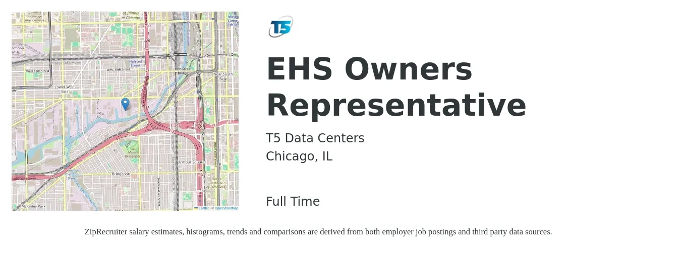 T5 Data Centers job posting for a EHS Owners Representative in Chicago, IL with a salary of $26 to $39 Hourly with a map of Chicago location.