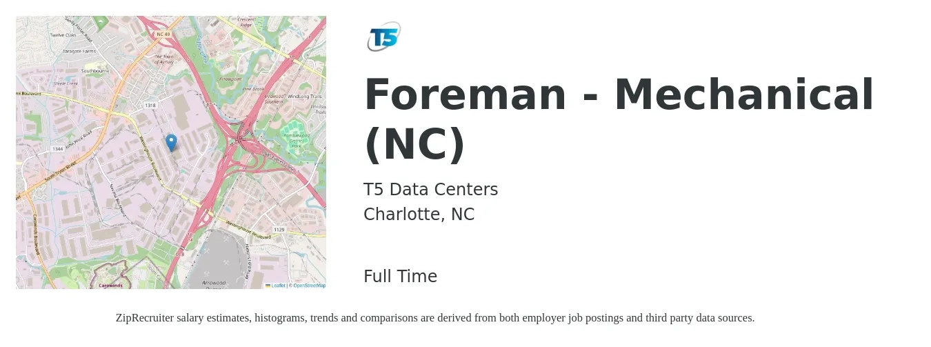 T5 Data Centers job posting for a Foreman - Mechanical (NC) in Charlotte, NC with a salary of $70,300 to $116,200 Yearly with a map of Charlotte location.
