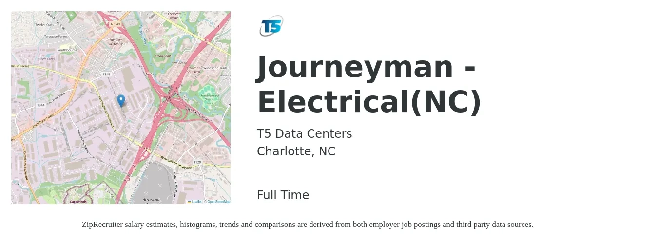 T5 Data Centers job posting for a Journeyman - Electrical(NC) in Charlotte, NC with a salary of $27 to $37 Hourly with a map of Charlotte location.