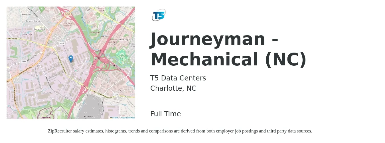 T5 Data Centers job posting for a Journeyman - Mechanical (NC) in Charlotte, NC with a salary of $28 to $39 Hourly with a map of Charlotte location.
