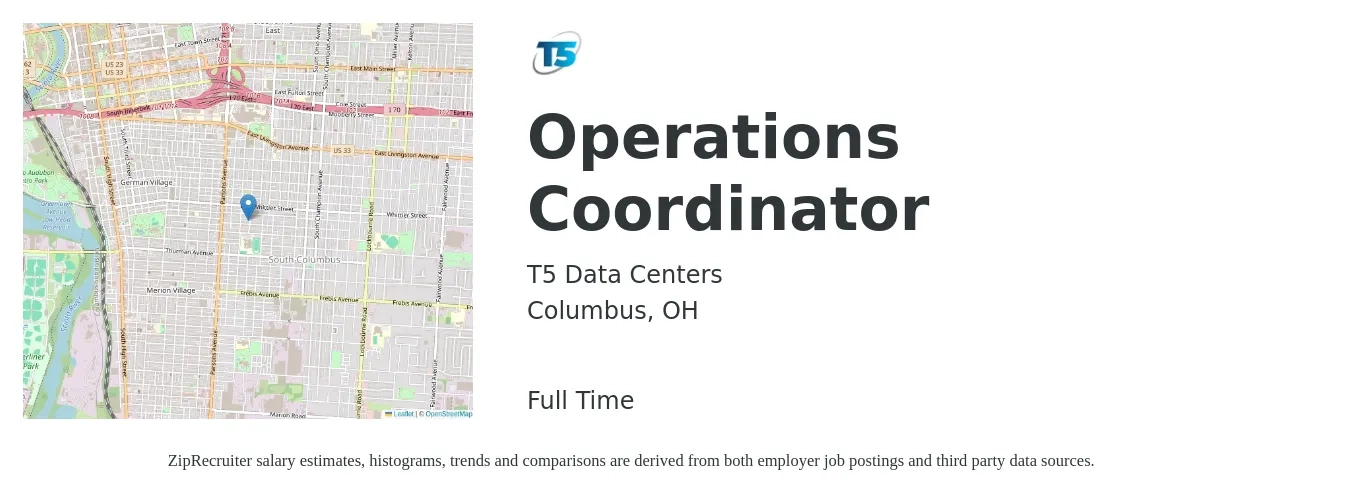T5 Data Centers job posting for a Operations Coordinator in Columbus, OH with a salary of $20 to $28 Hourly with a map of Columbus location.
