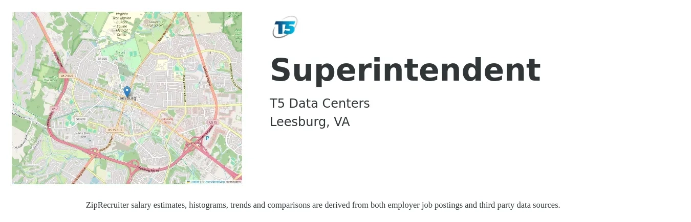 T5 Data Centers job posting for a Superintendent in Leesburg, VA with a salary of $85,500 to $119,400 Yearly with a map of Leesburg location.