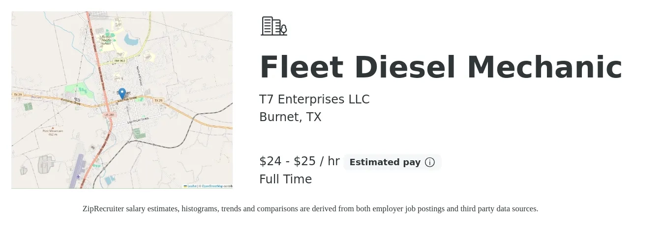 T7 Enterprises LLC job posting for a Fleet Diesel Mechanic in Burnet, TX with a salary of $25 to $27 Hourly with a map of Burnet location.