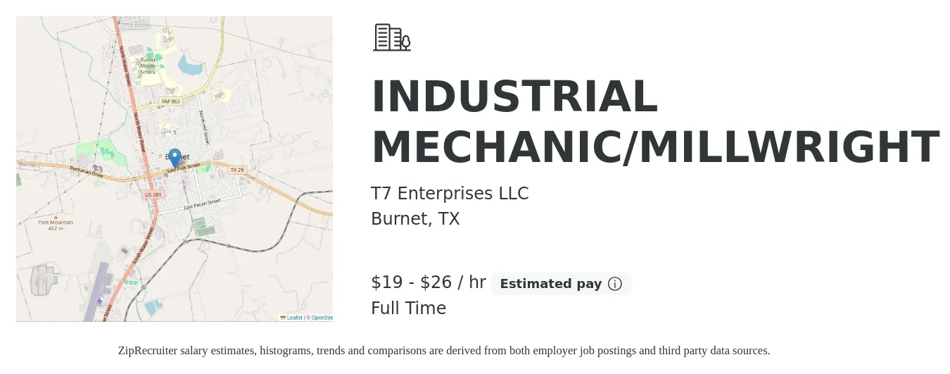 T7 Enterprises LLC job posting for a INDUSTRIAL MECHANIC/MILLWRIGHT in Burnet, TX with a salary of $20 to $28 Hourly with a map of Burnet location.