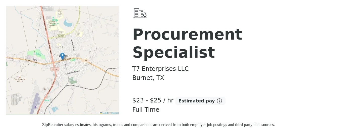 T7 Enterprises LLC job posting for a Procurement Specialist in Burnet, TX with a salary of $24 to $27 Hourly with a map of Burnet location.