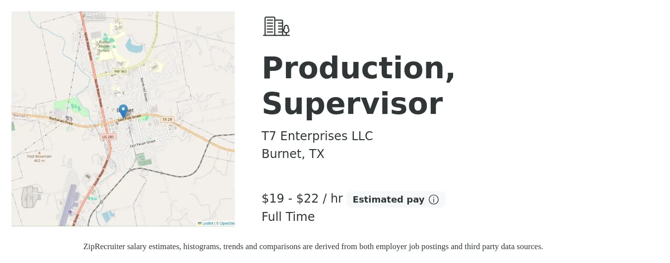 T7 Enterprises LLC job posting for a Production, Supervisor in Burnet, TX with a salary of $20 to $23 Hourly with a map of Burnet location.