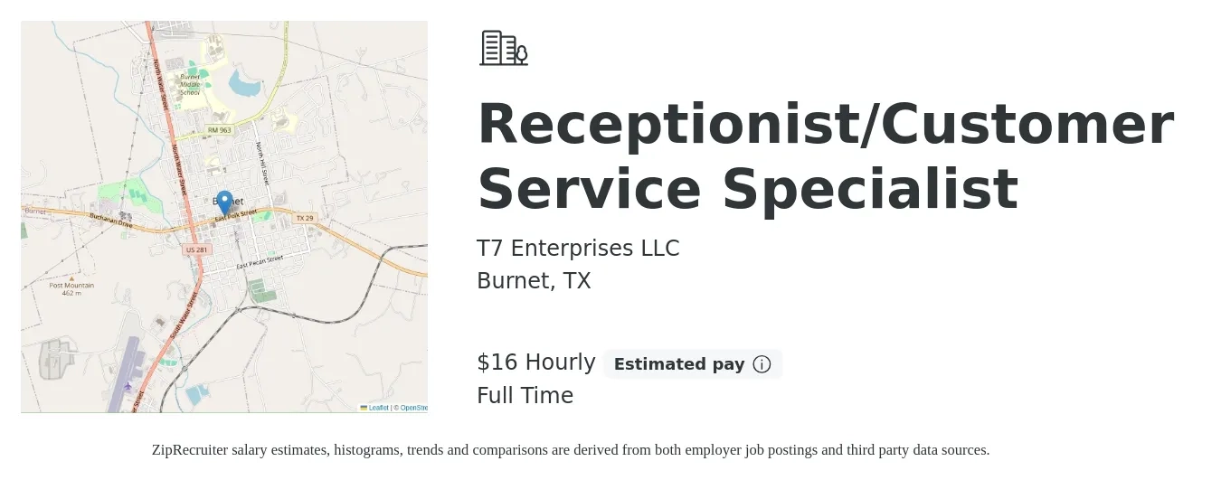 T7 Enterprises LLC job posting for a Receptionist/Customer Service Specialist in Burnet, TX with a salary of $17 Hourly with a map of Burnet location.
