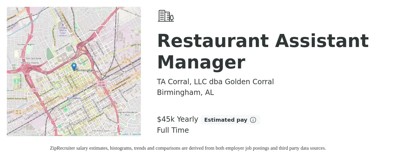 TA Corral, LLC dba Golden Corral job posting for a Restaurant Assistant Manager in Birmingham, AL with a salary of $45,000 Yearly with a map of Birmingham location.