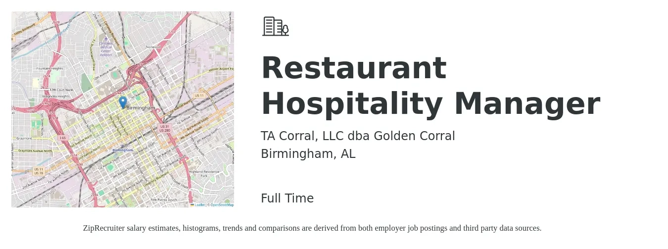 TA Corral, LLC dba Golden Corral job posting for a Restaurant Hospitality Manager in Birmingham, AL with a salary of $42,600 to $52,500 Yearly with a map of Birmingham location.